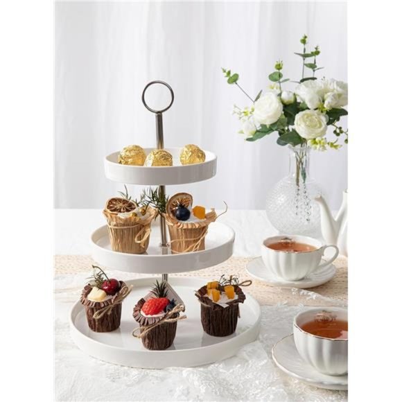 3-Tier Porcelain Cupcake Stand, Tiered Dessert Stand, Cake Stand-White Porcelain - Picture 4 of 7